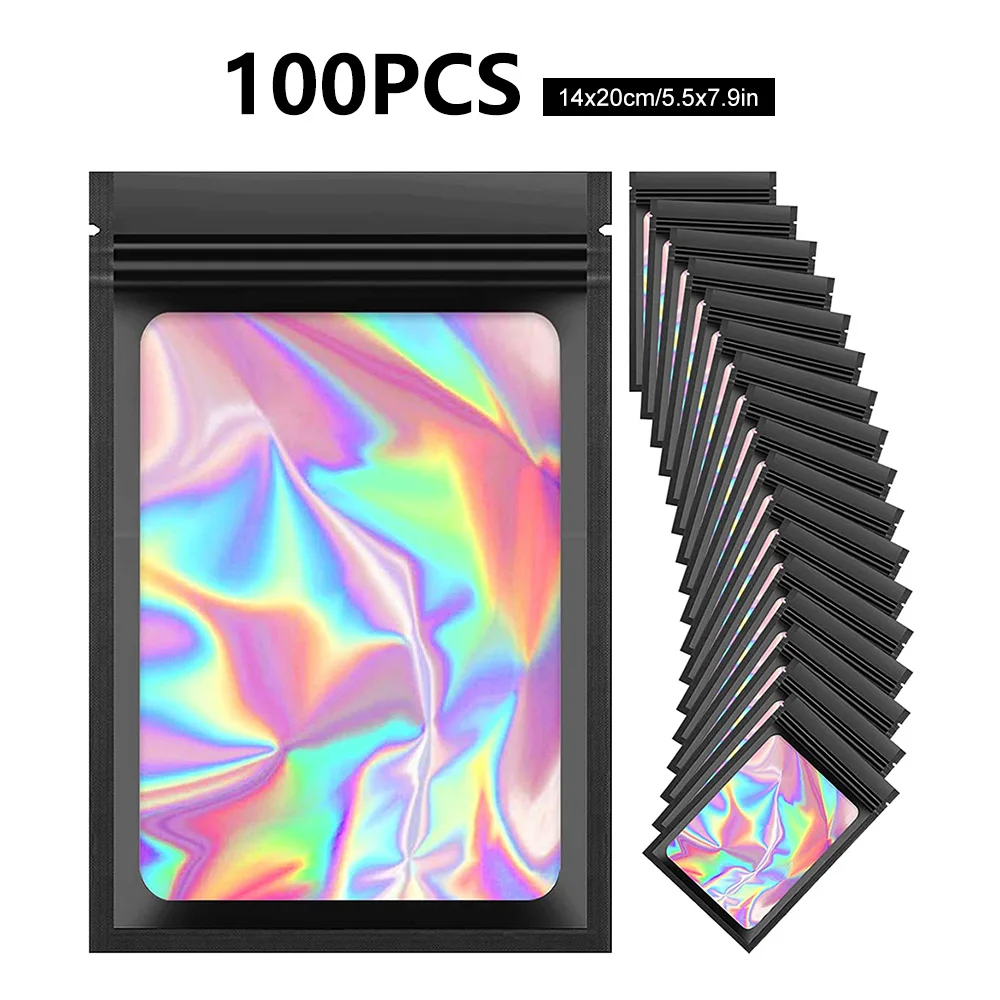 100 Pcs Smell Proof Mylar Bags Resealable Odor Proof Bags Holographic Packaging Pouch Bag With Clear Window For Food Storage