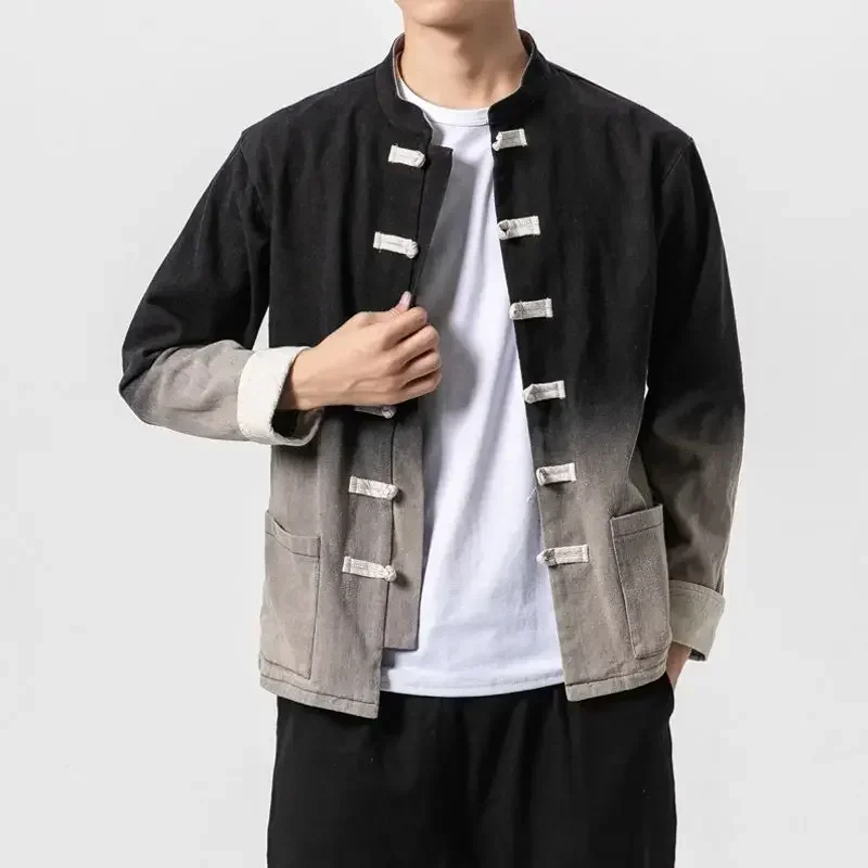 Spring  Autumn Retro Stand Collar Plate Buckle Tang Suit Jacket Men Chinese Style Gradient Streetwear Kung Fu Plus Size M-5xl