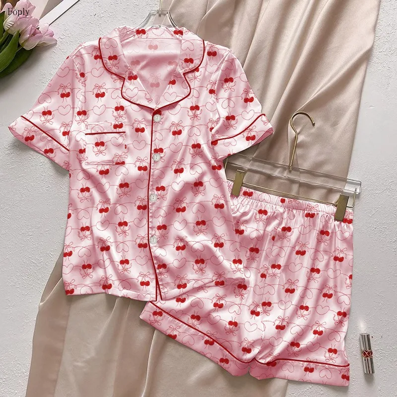 

Romantic Women Nightwear Pink Ice Silk Short Sleeve Pajamas Love Pattern Sweet Cardigan Top Shorts Loungewear 2 Piece Set