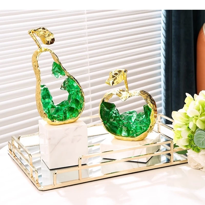 Green Crystal Metal Handicrafts Simulated Fruit Sculpture Crystal Fruit Ornament Apple Pear Metal Figurine Home Decoration