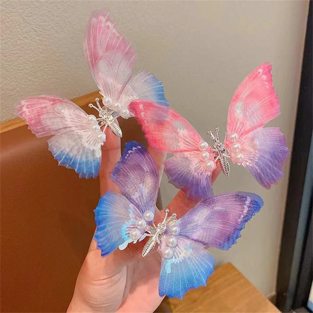 Simulated Butterfly Pearl Hair Clip for Women Girl Butterfly Flapping Wings Hairpin Sweet Headwear Party Hair Accessories