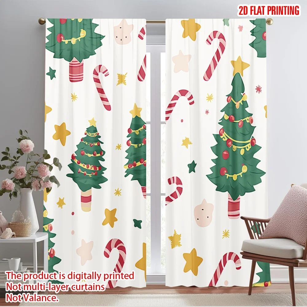 2pcs,2D plane printing Minimalist Curtains Christmas Tree Candy Cane Stars Polyester Woven (without rod) Art Deco Festive Ldeal