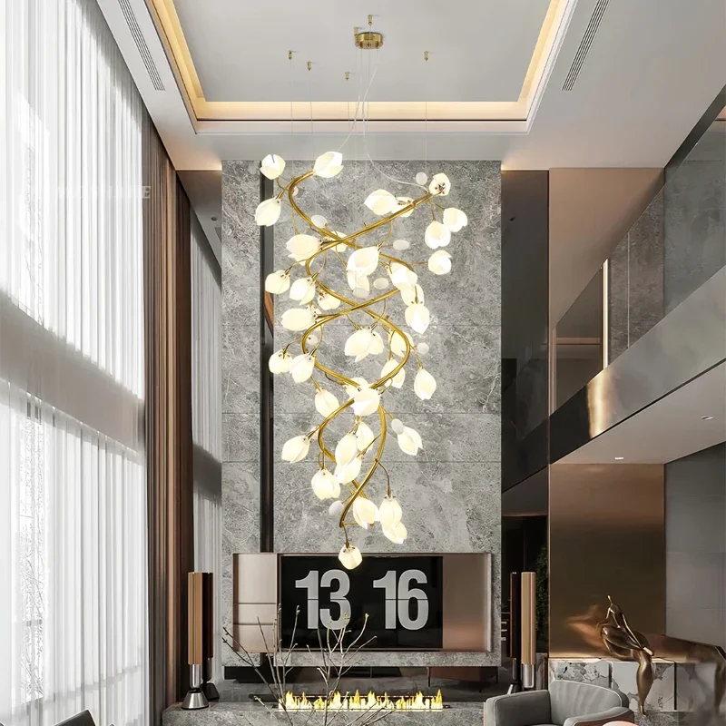 Villa Duplex Home Decoration Living Room Crystal Chandelier Designer Creative Art Magnolia Lamp Attic High-Rise Staircase Chande