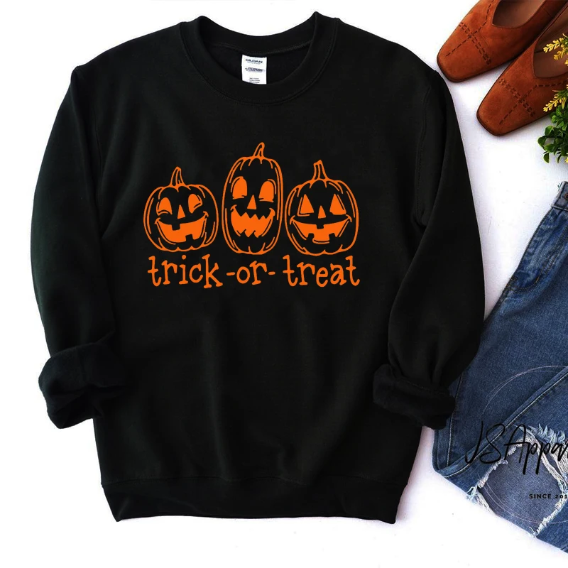 

Trick or Treat Pumpkin Face Funny Halloween Women Sweatshirt Causal Loose Cotton O Neck Hoodies Ladies Fashion Witch Clothing