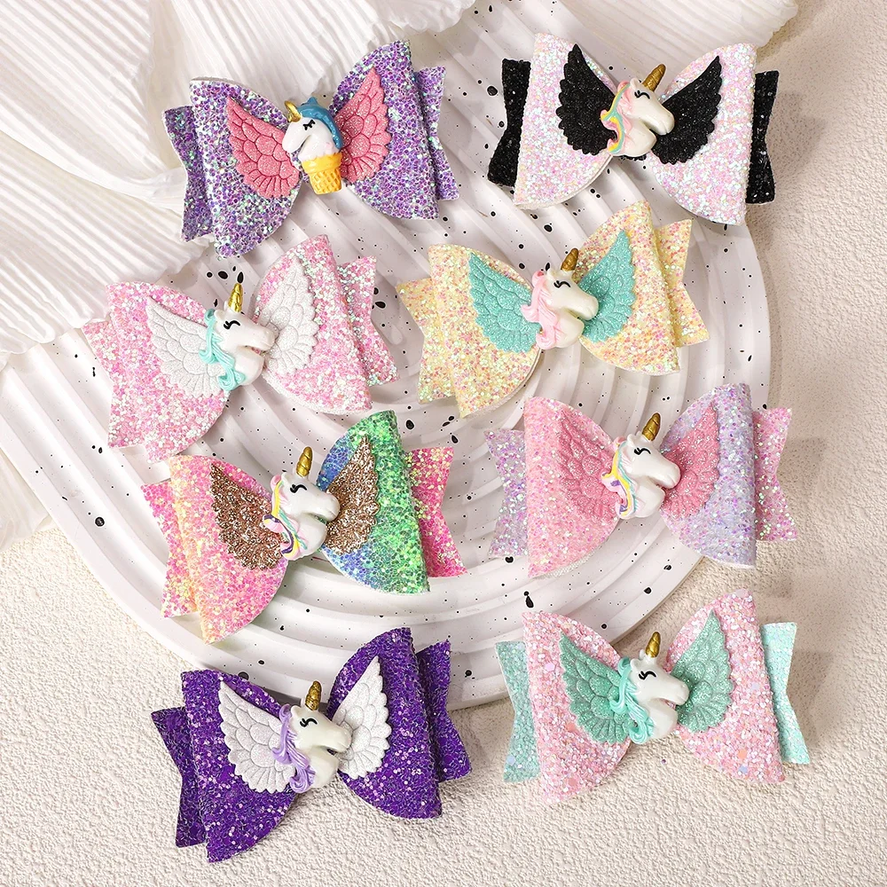 8pcs/set Sweet Unicorn Hair Clips Glitter Bows Boutique Hairpins Angel Wings for Baby Girls Headwear Ice Cream Hairpin Kids