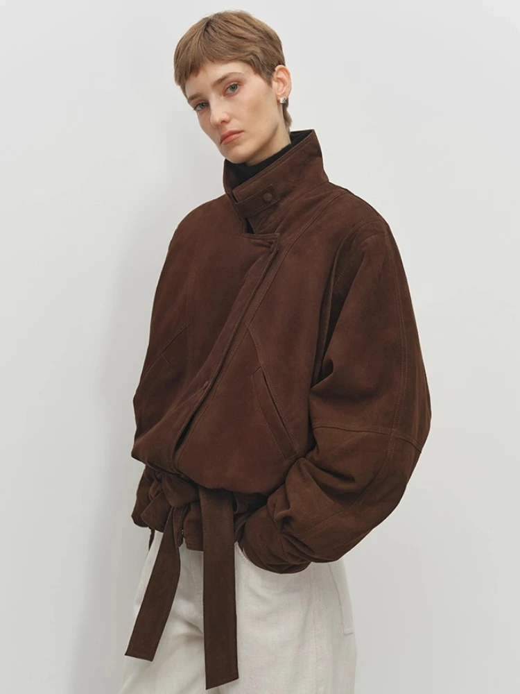 سترات كلاسيكية من جلد الغزال الطبيعي للنساء لخريف وشتاء 2025 معطف مبطن بسيط فضفاض من جلد الغنم الحقيقي مع حزام #5