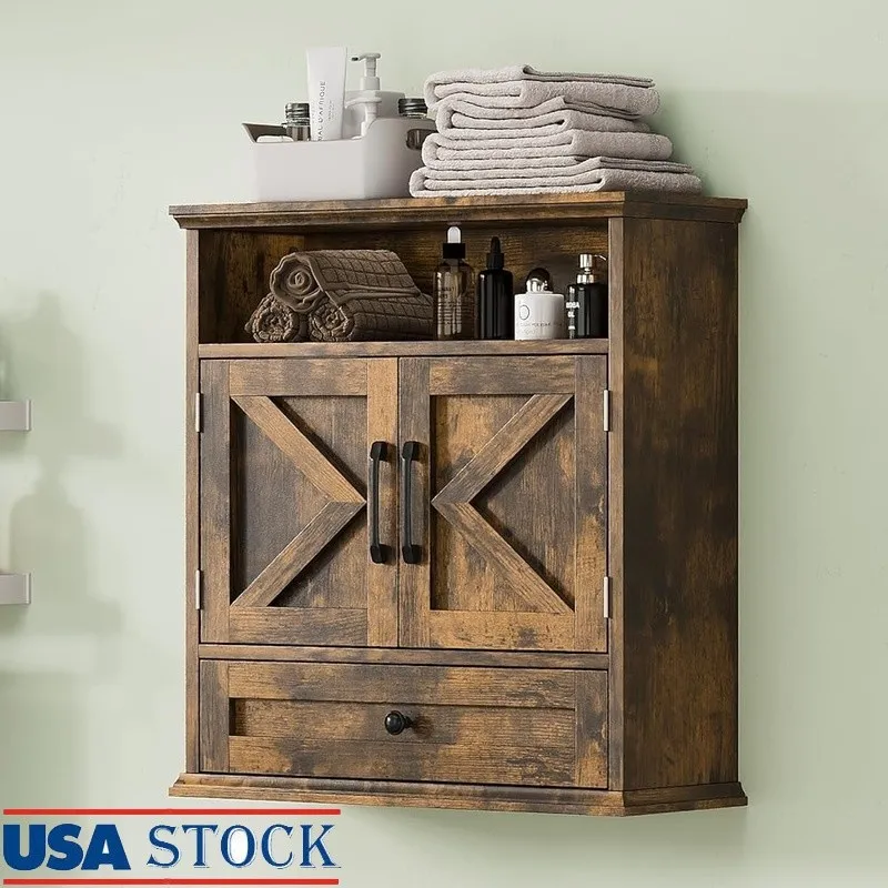 

Farmhouse Wall Cabinet W/ Adjustable Shelves Over Toilet Storage Organizer New