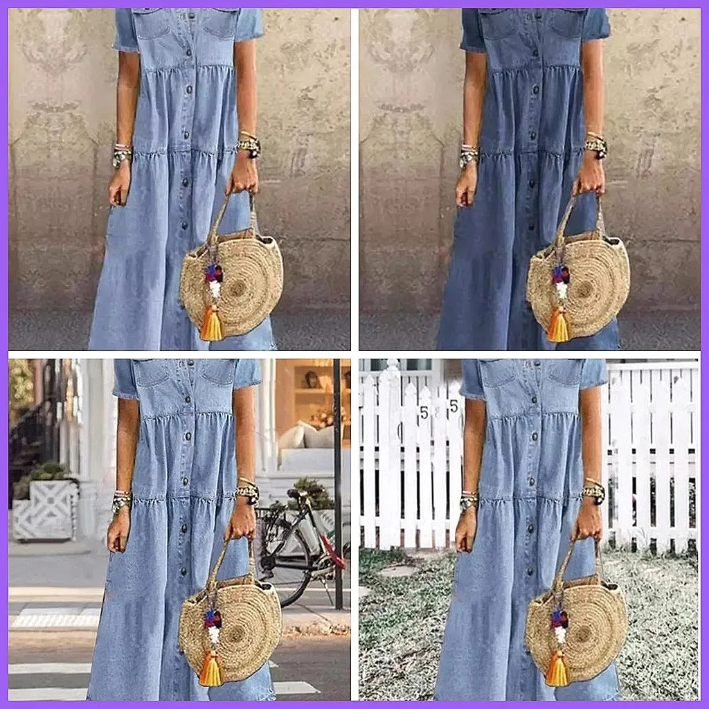 

2024 New Women's Denim Dress Spring Summer Retro Single-Breasted Casual Comfort Short Sleeve Long Dress