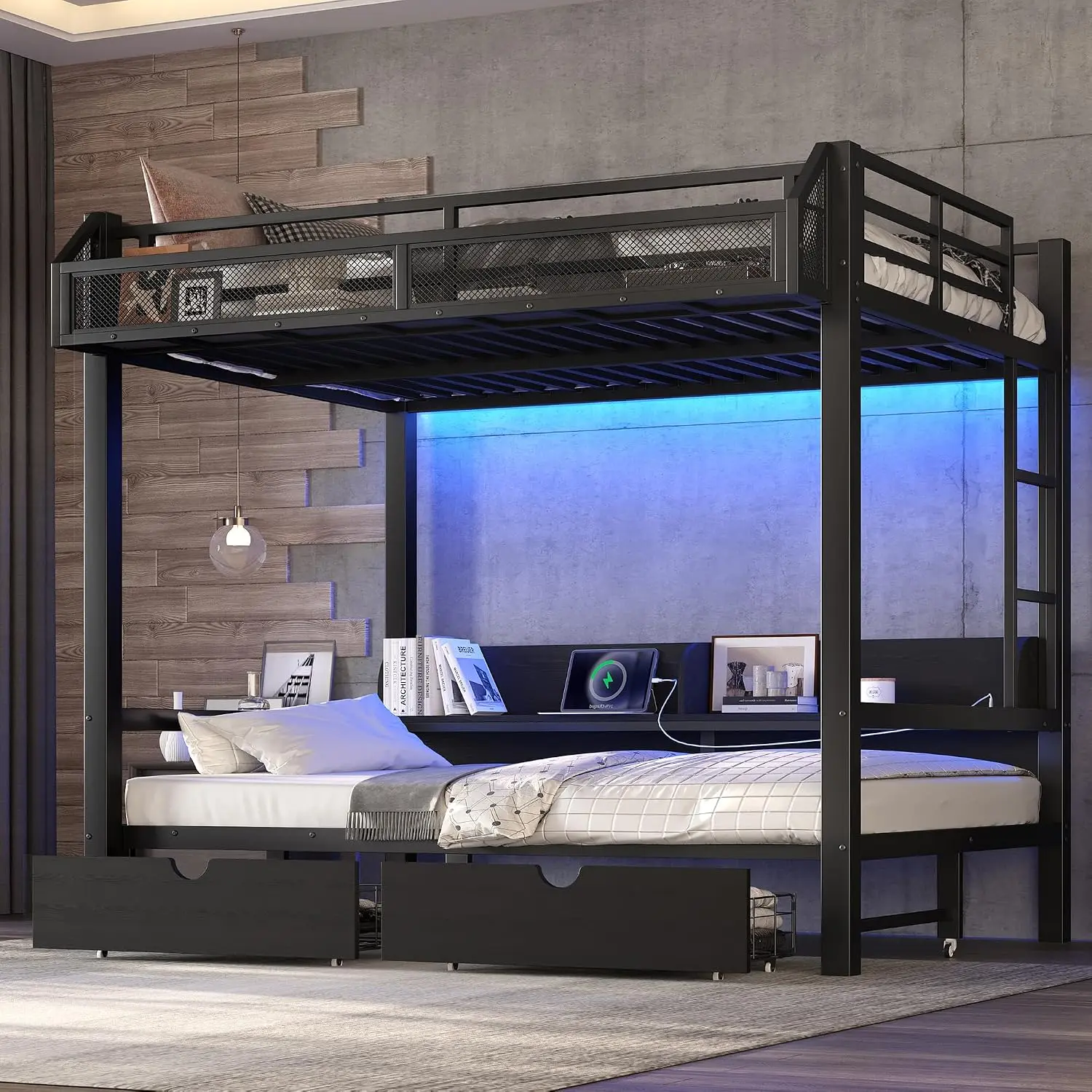 Full Over Full Bunk Bed with Storage & Drawers, Metal Frame with USB & LED, Convertible Lower Sofa, Black, Customized