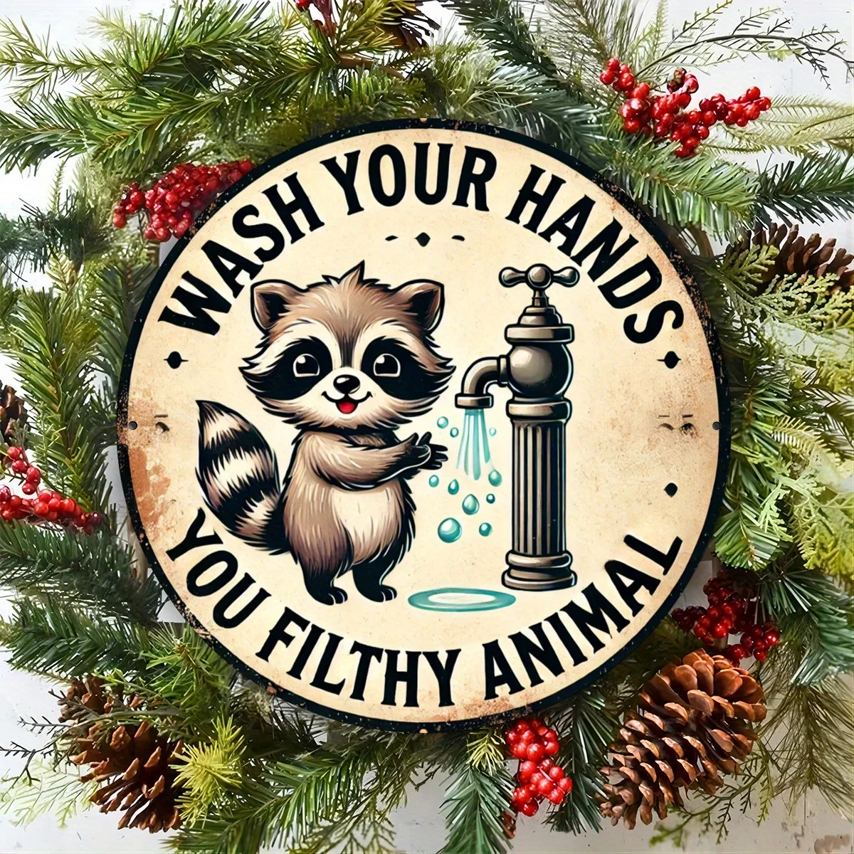 Charming Vintage Raccoon Handwashing Sign - 7.8