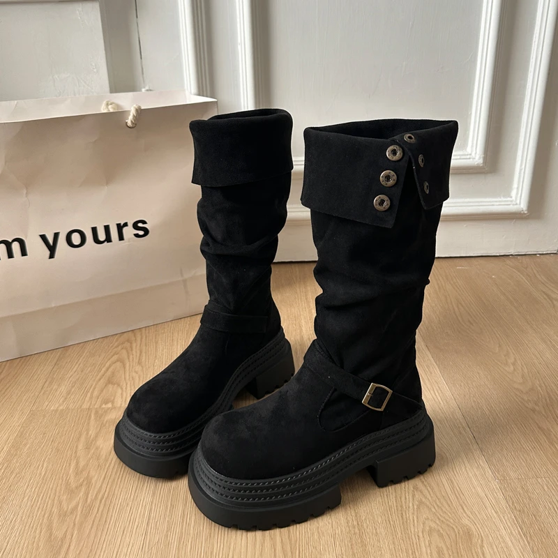 Retro Ruched Leather Long Boots for 2026 Winter, Fashionable and Versatile Style Round Head Platform Thick-soled Women's Boots