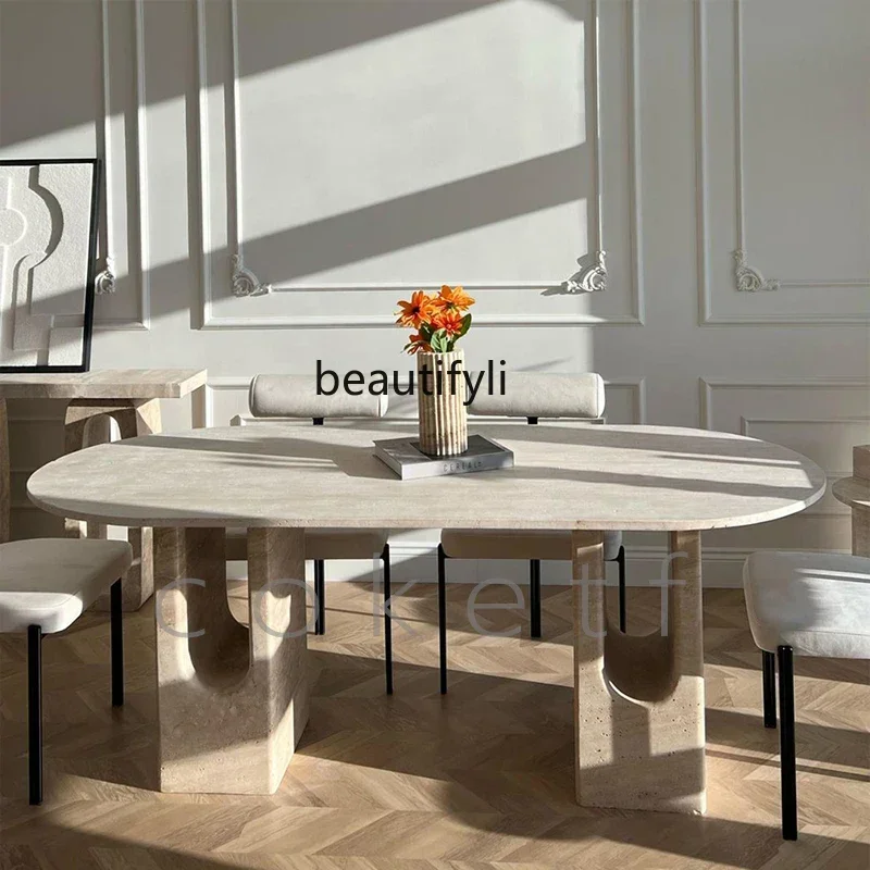 A13 French designer U-shaped foot natural Roman travertine dining table creative rectangular table