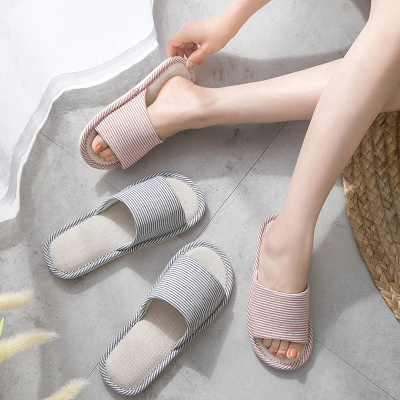 Linen Slippers For Women Spring Autumn Indoor Household Use Cotton Comfortable Living Slippers Anti Slip For Men And Couples