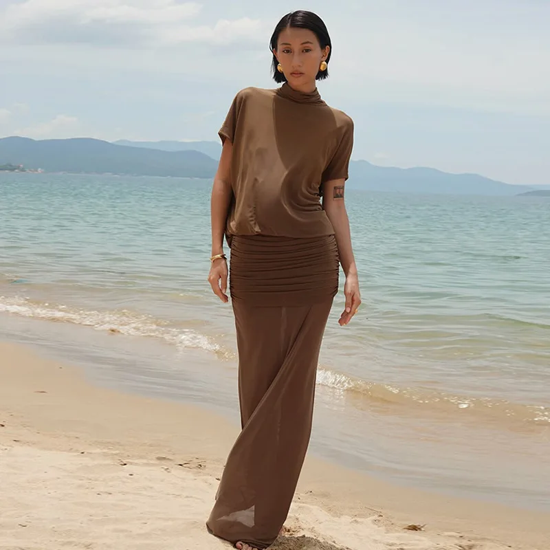 

Typhaland Sexy Backless Mesh Long Dress Elegant Women's See Through Mesh Splice Ruched Dress Fashion Slim Vacation Party Clothes