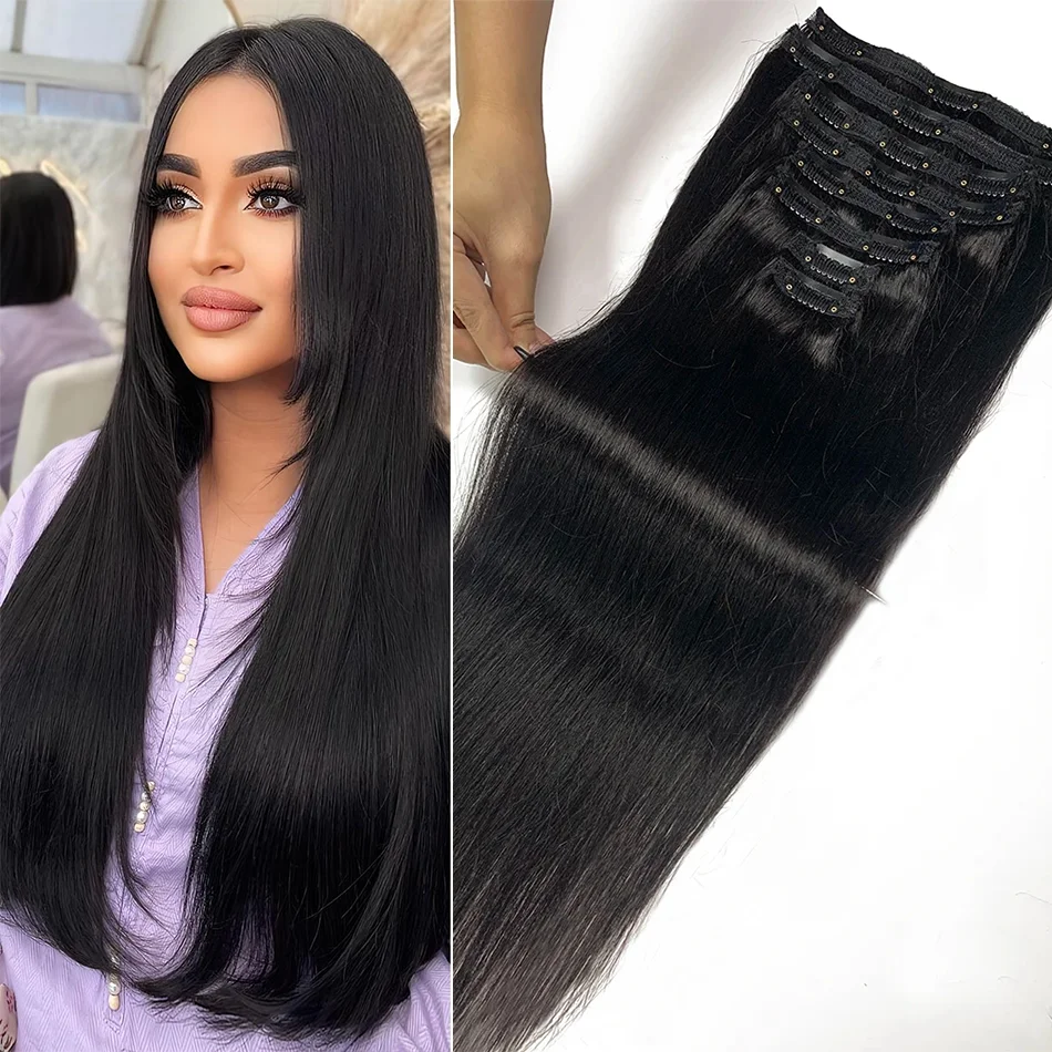 

Straight Brazilian Machine Remy Clip in Hair Extensions Full Head Human Hair 100% Real Natural Hairpiece Clips On 120G 14 To 22