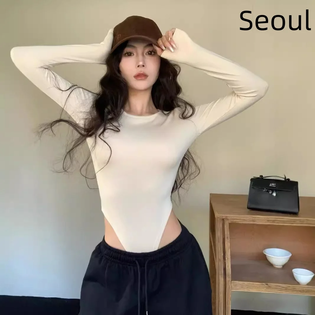 Sexy Slimming Long Sleeve Onesie for Women Early Autumn round Neck Base Shirt Top Spicy Girl Stylish Thinming Garment