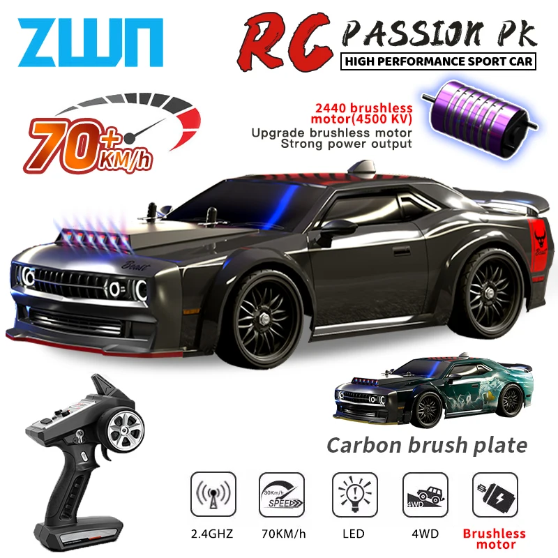 ZWN 1:16 70km/h Brushless RC Drift Car With LED Lights 4WD Electric High Speed Racing Remote Control Monster Truck for Kids Gift