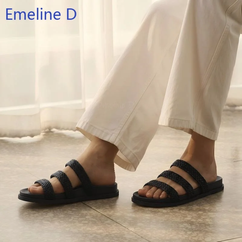 Textured Braided Woven Three Strap Sandals Open Toe Slim Cushioned Flat Base Sleek Modern Leisure Daily Outdoor Open Toe Slipper