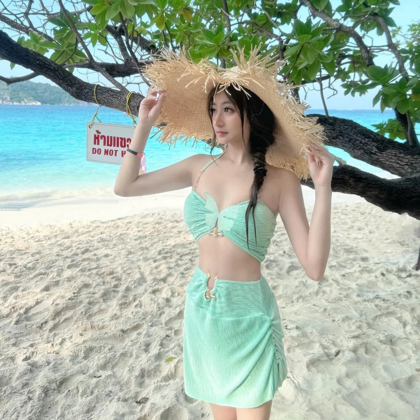 

Women's Bikini Swimsuit Mint Green Three-piece Set Sexy Gathered Small Chest Thermal Spa Vacation Fashionable Sportswear