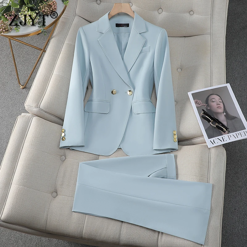 ZJYT Spring Lady Business Chic Formal Blazer Suit Set 2 Piece Woman Elegant New Outfit Pants Sets Trousers Office Wear Plus Size