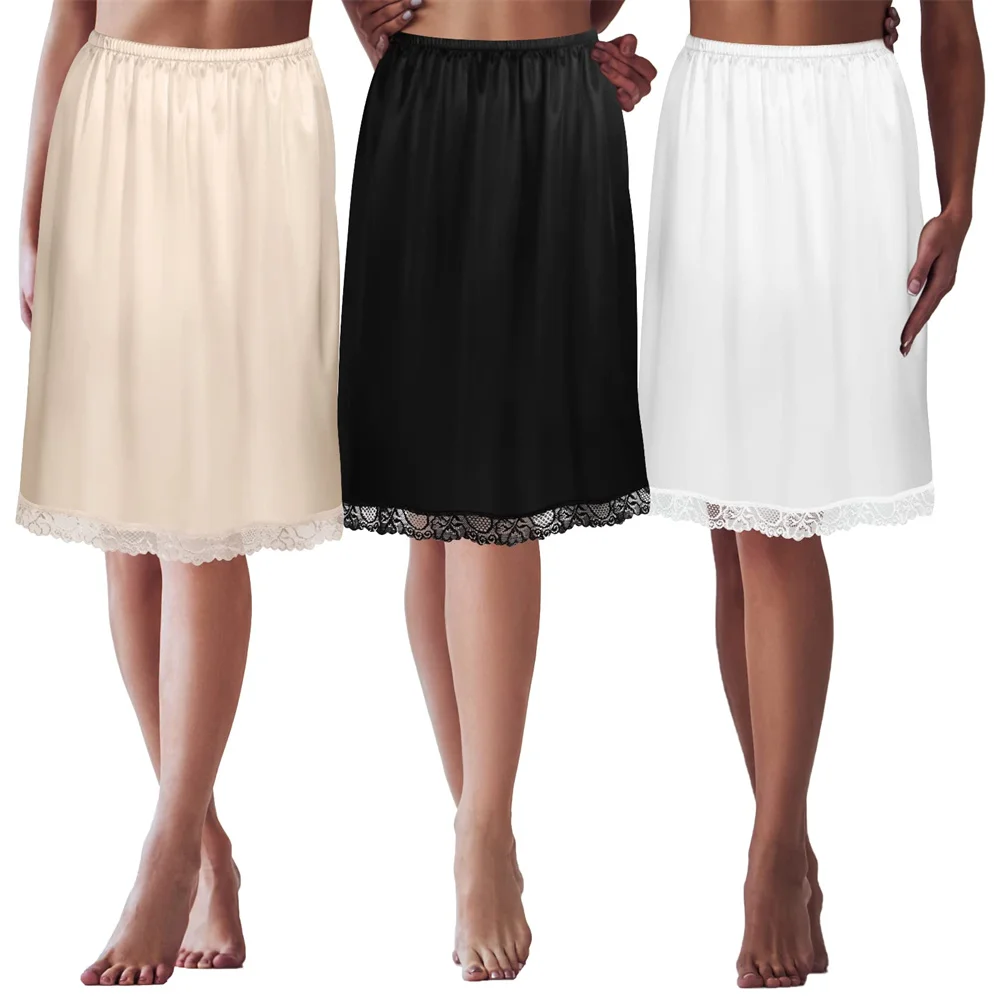 Women\'s Half Slips Lace Trim Underskirt Solid Color Satin Long Underskirt Elastic High Waist Skirt Comfortable Slips