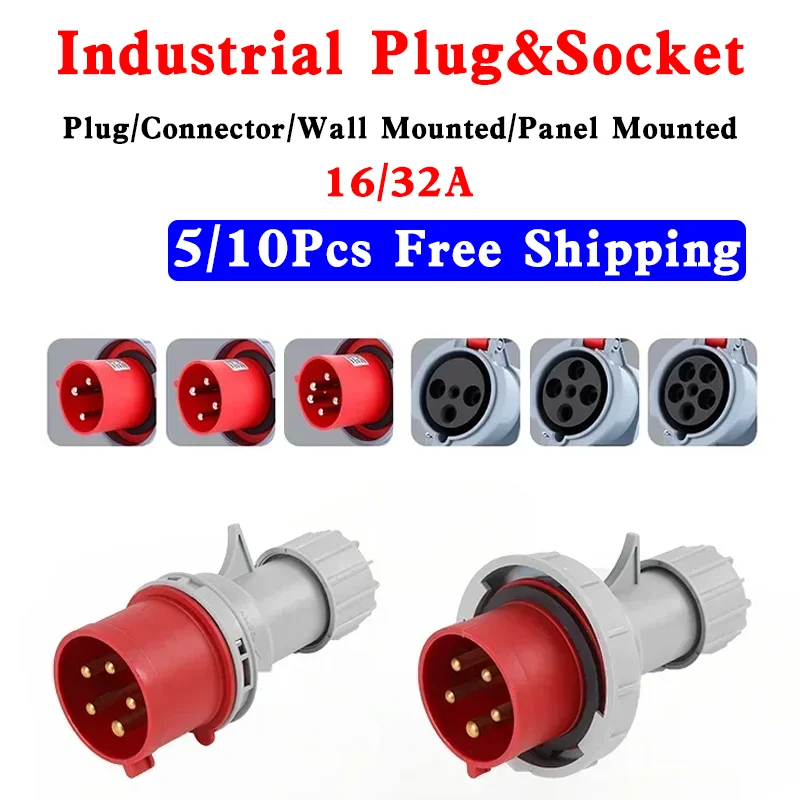 5/10 Pcs Industrial Plug&Socket Male&Female Electrical Connector 3PIN 4PIN 5PIN 16A/32A Wall Mount Plug Panel Mounted Coupler