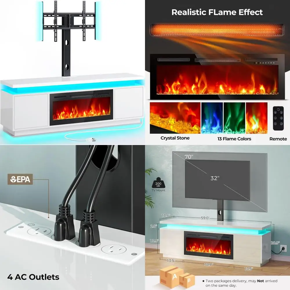 حامل تلفزيون Rolanstar Fireplace مع أضواء LED ومنافذ طاقة، حامل تلفزيون مع 30 مدفأة كهربائية، White Entertainment C