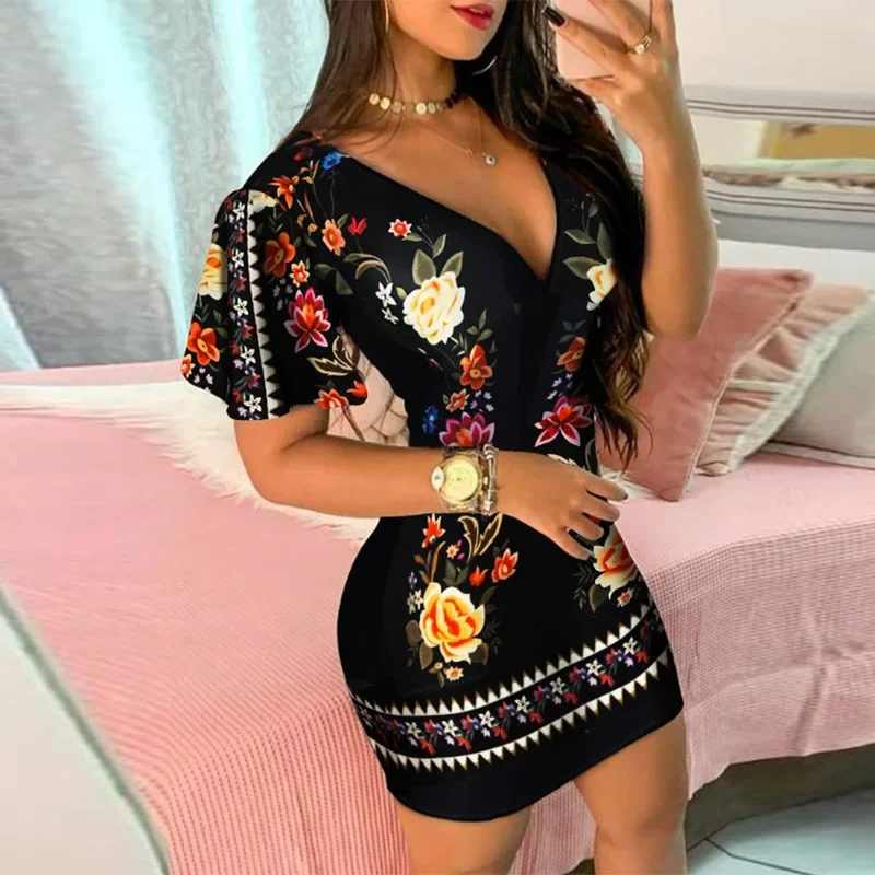 Fashion Women Ruffles Sleeve V-neck Bodycon Dresses Summer Short Sleeve Floral Print Mini Dress Evening Dresses Clubwear