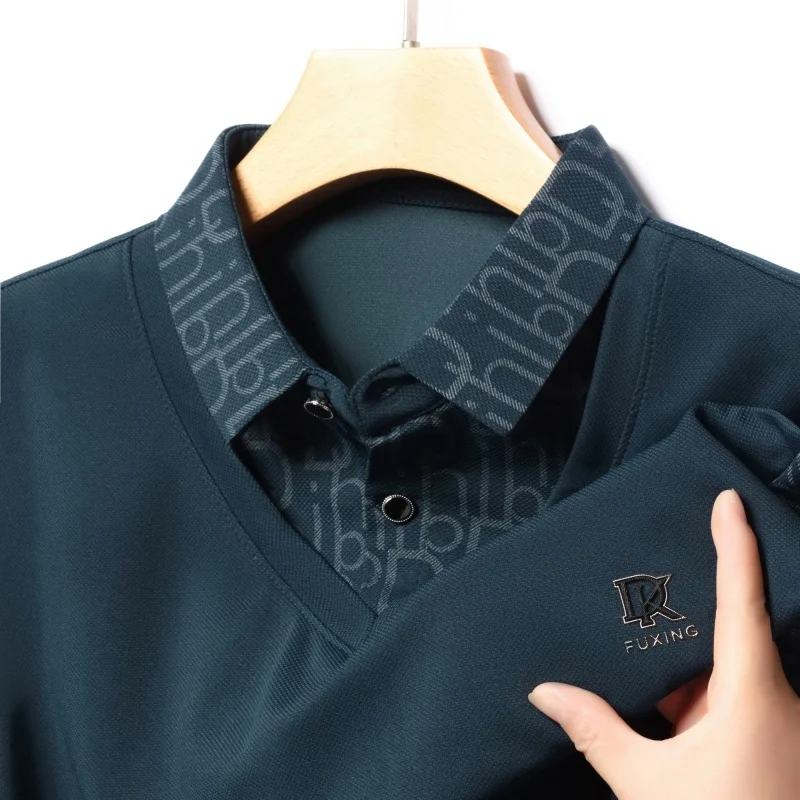 

High Quality Men's Lapel Fake Two Piece Long Sleeve Autumn New Exquisite Print T-Shirt Fashion Casual Business Office Menswear