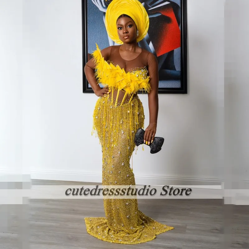 

Yellow Evening Dresses For Woman Sequin Crystal African Mermaid Prom Gowns 2025 Feathers Aso Ebi Wedding Party Dress Customized