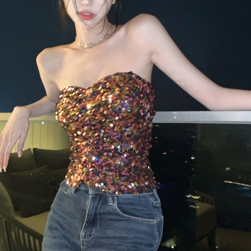 Sexy Spice Girl Vest Colorful Sequins Short Wrapped Sequins Suspender Vest 2025 Spring and Summer Fashion Commuter Women's Wear