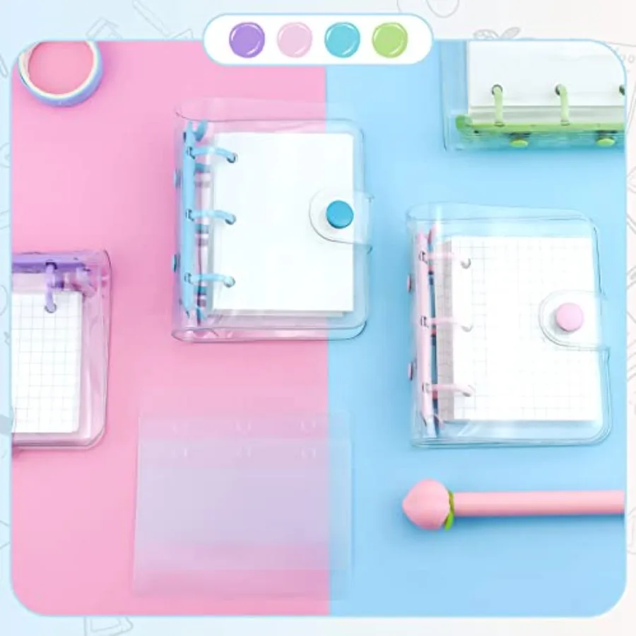 4 Pack Mini Transparent 3 Ring Binder Cove with Inner Paper and Pockets Clear Soft PVC Notebook Closure Loose Leaf Folder Round