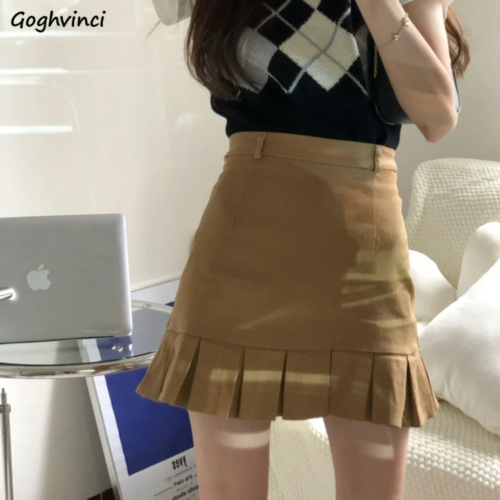 

Solid Mini Skirts for Women Korean Fashion Harajuku Khaki Y2k Skirt Pleated A-line Streetwear High Waist New All-match Basic