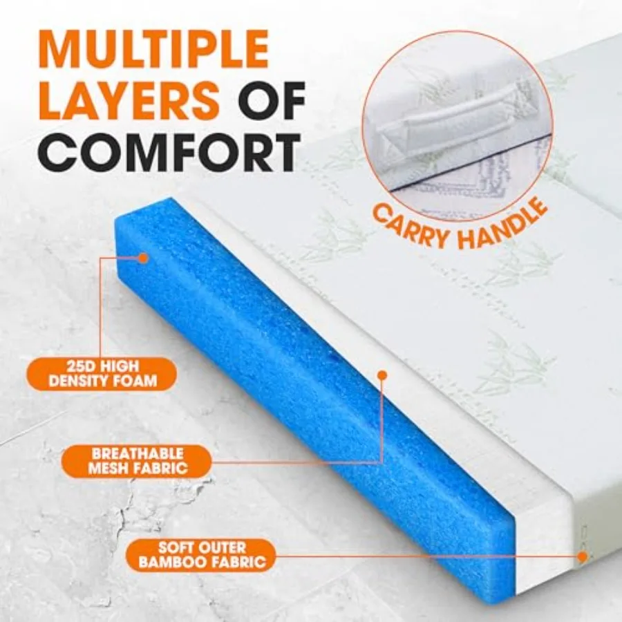 Tri-Fold Folding Mattress 4 Inch Portable Floor Mattress for Guests, Camping, Sleepovers Travel Lightweight Foldable Foam Bed, image 6