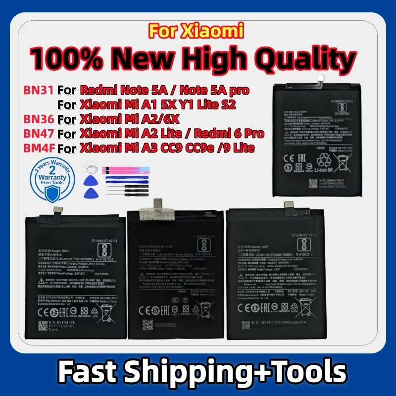 100% Brand New BN47 BN31 BN36 Battery For Xiaomi Mi A1 A2 A3 Y1 9 Lite S2 5X 6X CC9 CC9e Redmi Note 5A 6 Pro Batteries+Tools