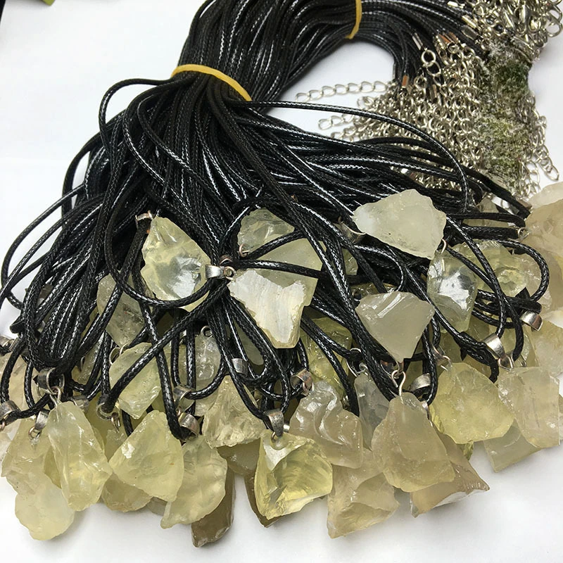 10pcs Free Rope Chain Lemon Clear Crystal Pillar Pendant Natural Irregular Raw Stone Necklace Energy Healing Gift