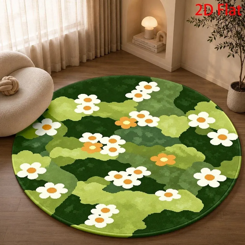 Green Pasture Daisy Floral Round Rug Cartoon White Daisy Flower Grassland Block Texture Print Circular Floor Mat for Living Room