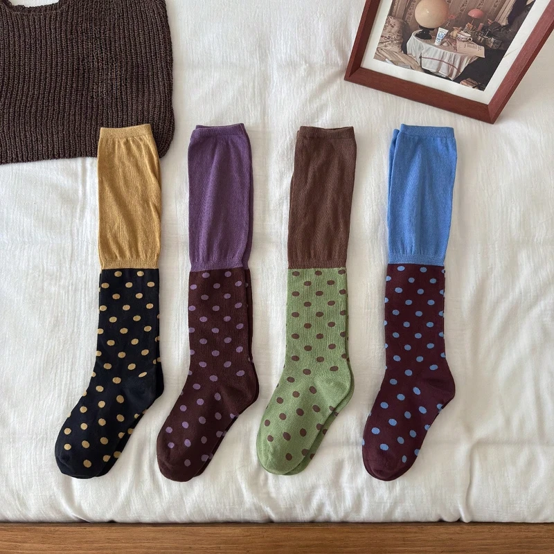 Women Knee High Socks New Fashion Color Blocking Cute Dots Stockings For Women Breathable Cotton Long Socks For Girls