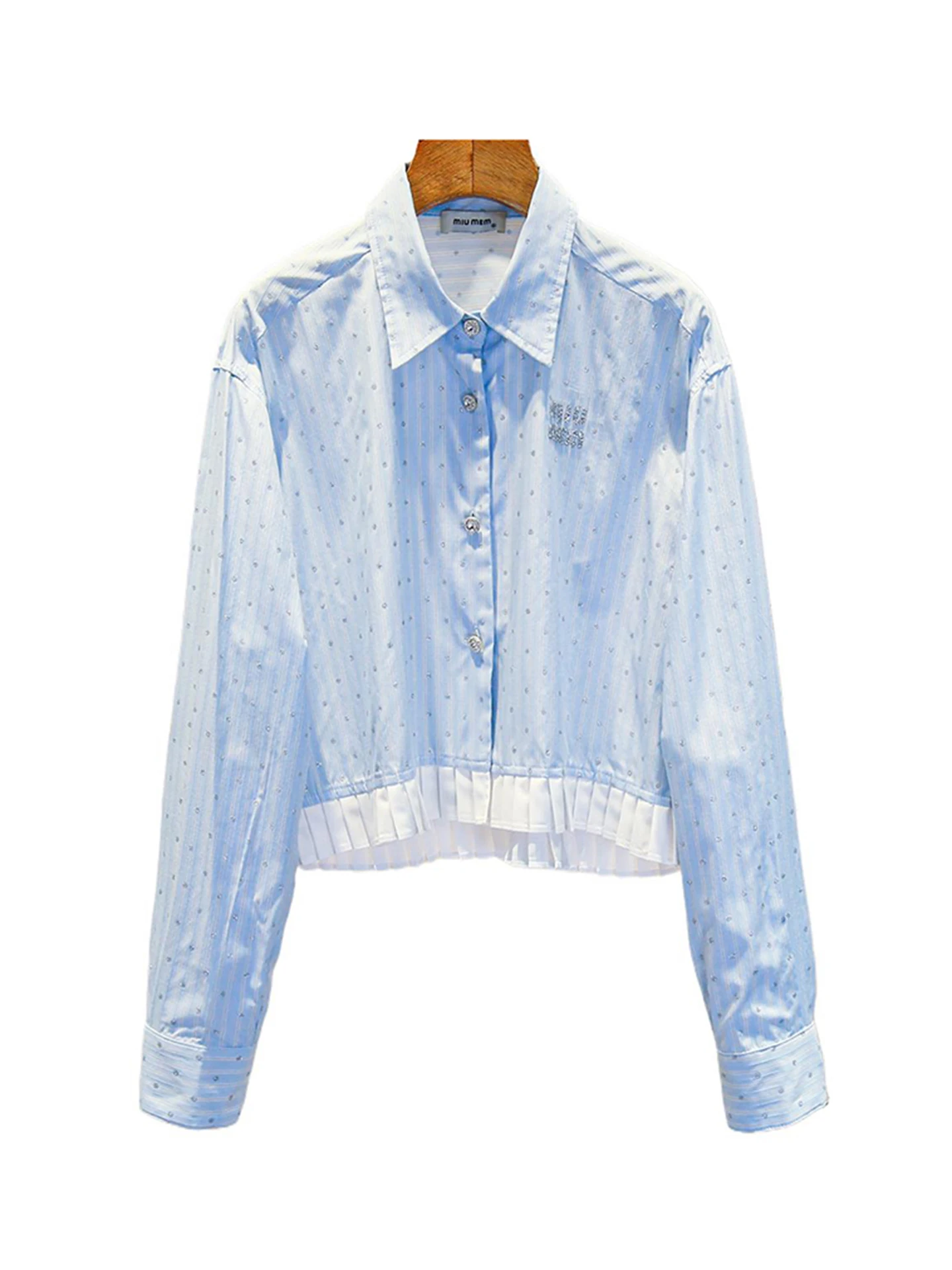 Csa azul adornada com strass, e, estilo doce e rico, moda premium fena, coleção de outono, corte reto, manga co...