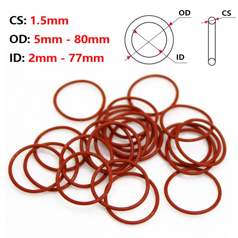 10/50 Pcs Red CS 1.5mm VMQ O Ring Gasket OD 5mm ~ 80mm Red Food Grade Waterproof Washer Round O-Shape Silicone Rubber Rings