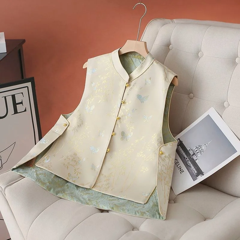 Estilo chinês feminino sem mangas colete bordado flor jaqueta feminina verão novo decote em v lantejoulas feminino colete casaco