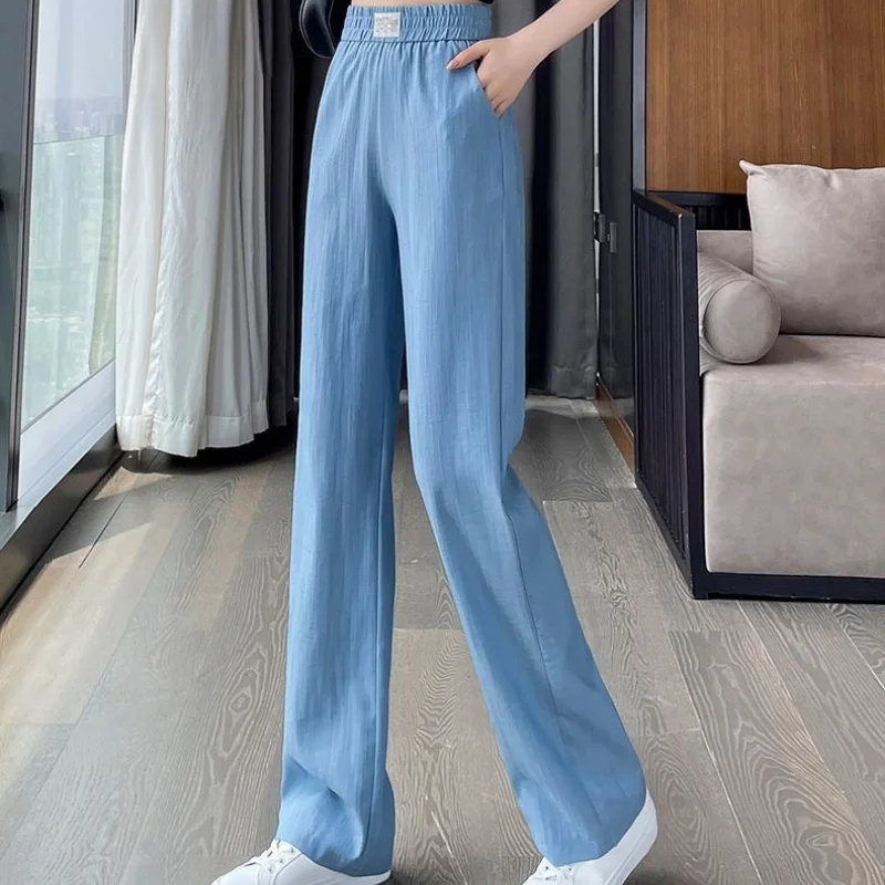 

Plus Size Tencel Women's Jeans 2024 Summer New Thin Draping Elastic Waist Casual Ice Silk Straight Leg Pants Pantalones De Mujer