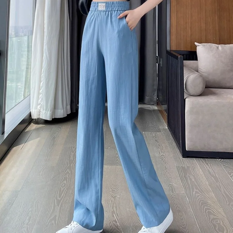 Plus Size Tencel Women's Jeans 2024 Summer New Thin Draping Elastic Waist Casual Ice Silk Straight Leg Pants Pantalones De Mujer