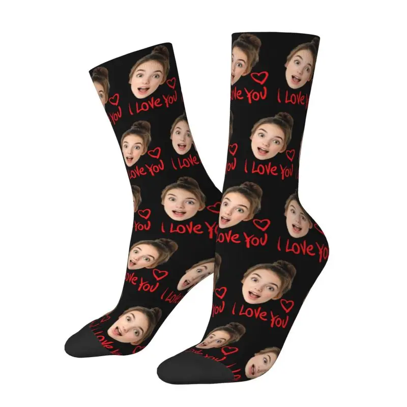 

Custom Novelty Print Woman I Love You Face Socks for Men Women Stretch Summer Autumn Winter Mother's Day Crew Socks