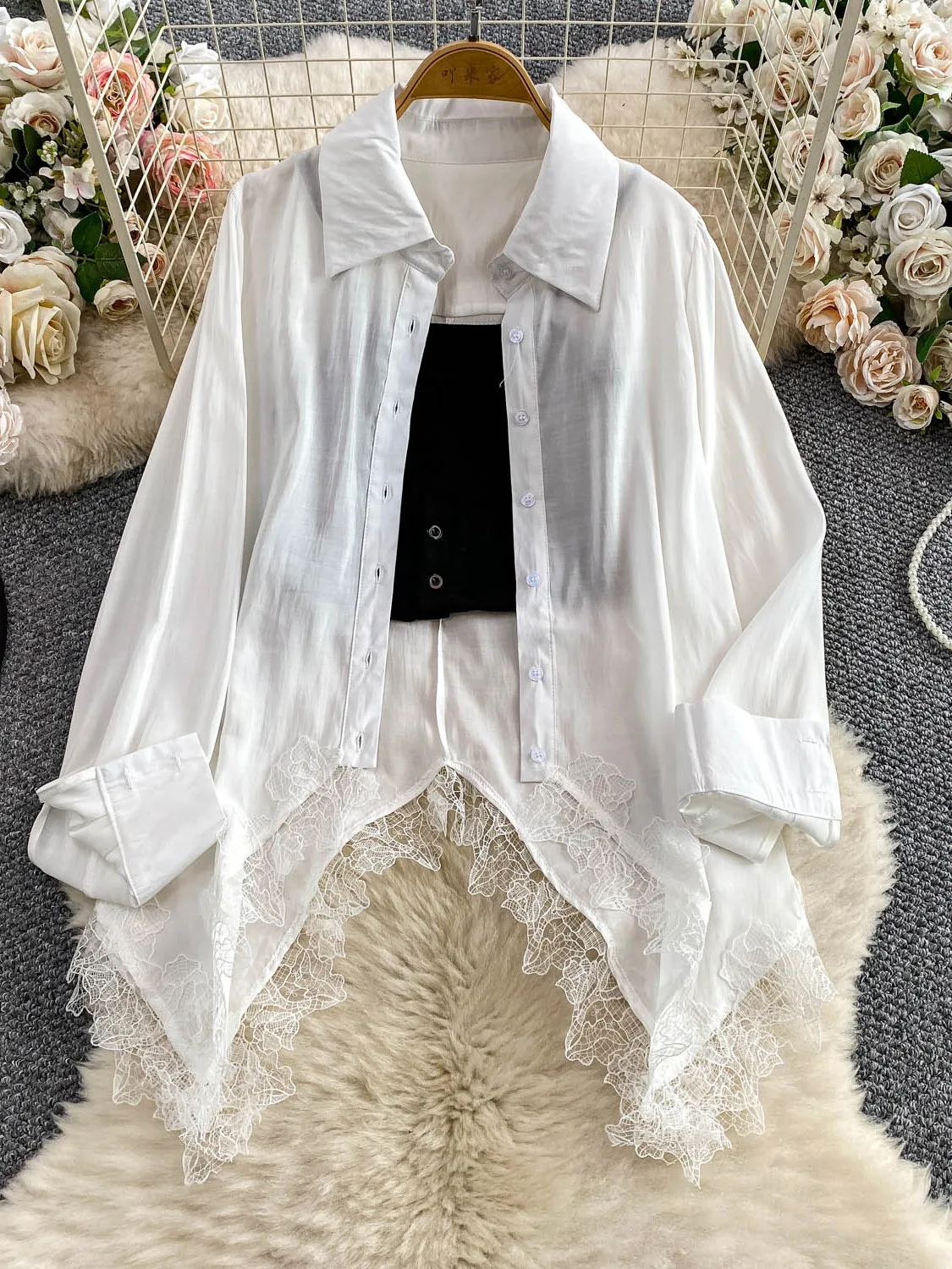 Verano fino gasa larga Sve protección solar prendas de vestir exteriores Súper Hada de las mujeres encaje irregular irt camiseta sin mangas interior coreano Sle...