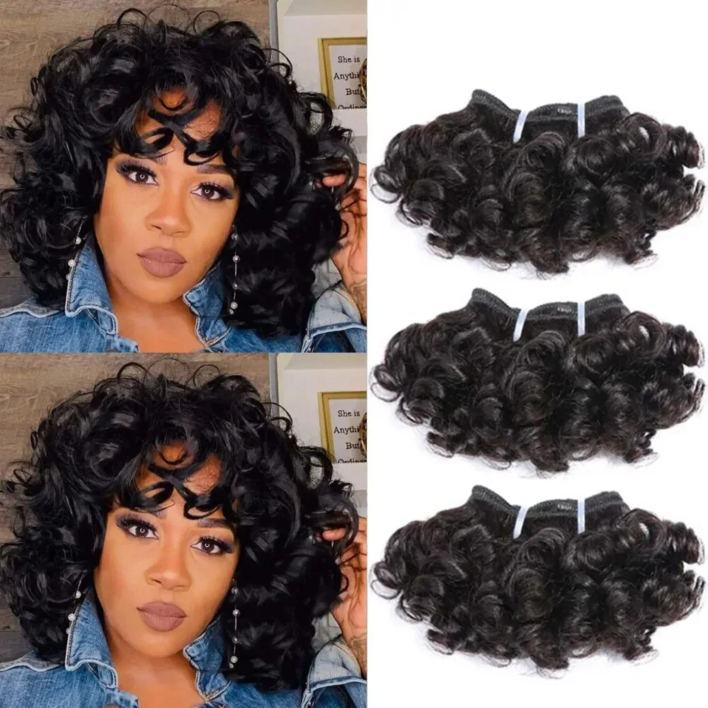 Curto Bouncy Curly Pacotes de Cabelo Humano, trama brasileira Bundle Cabelo, Deep Loose Wave Bundles, Cor Natural, 6 em 1, 3PCs