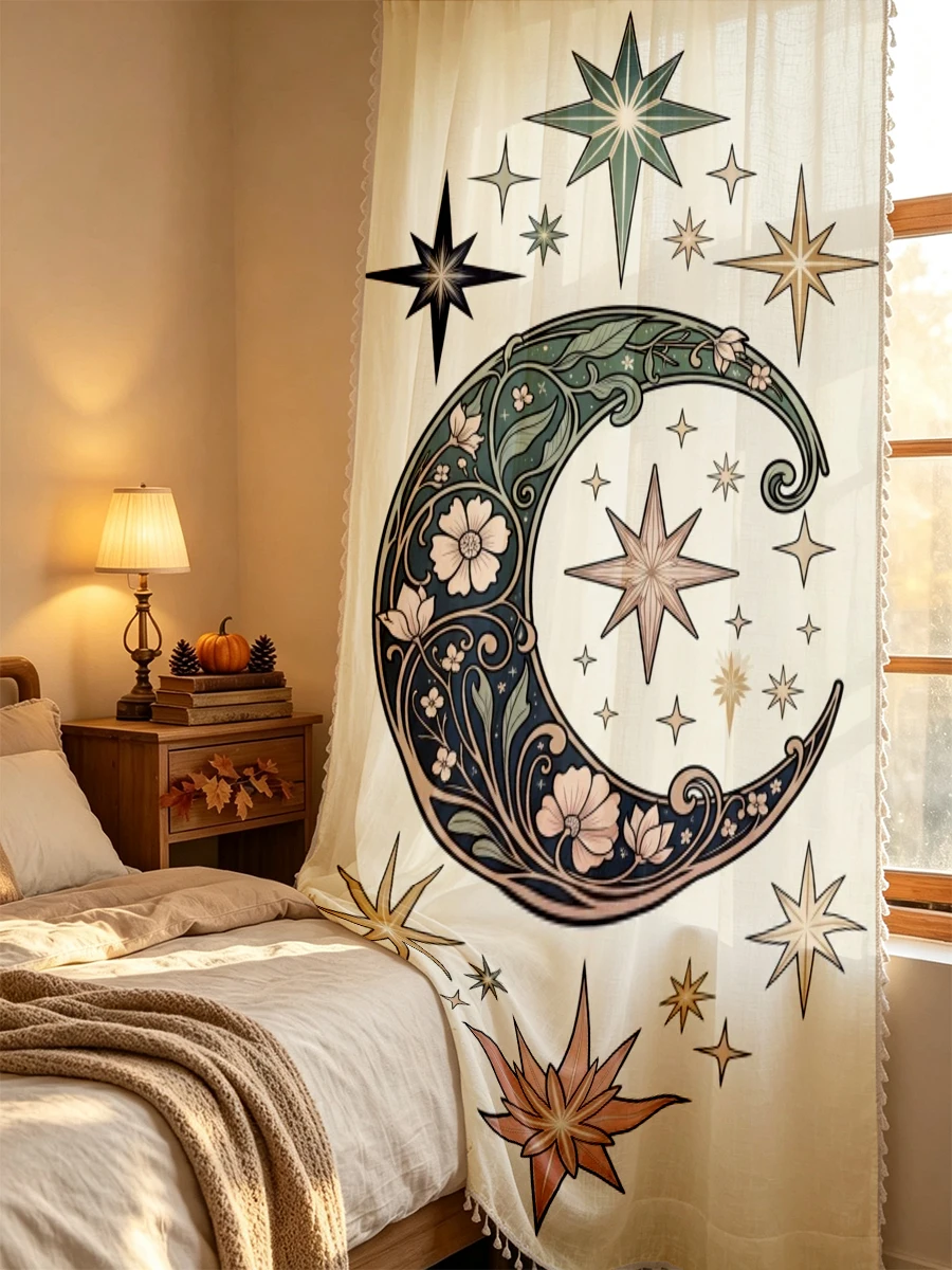 1PC Autumn Tassel Sheer Curtains, Crescent Moon Stars Floral Vines, Digital Print, Linen Polyester, Living Room Bedroom Decor