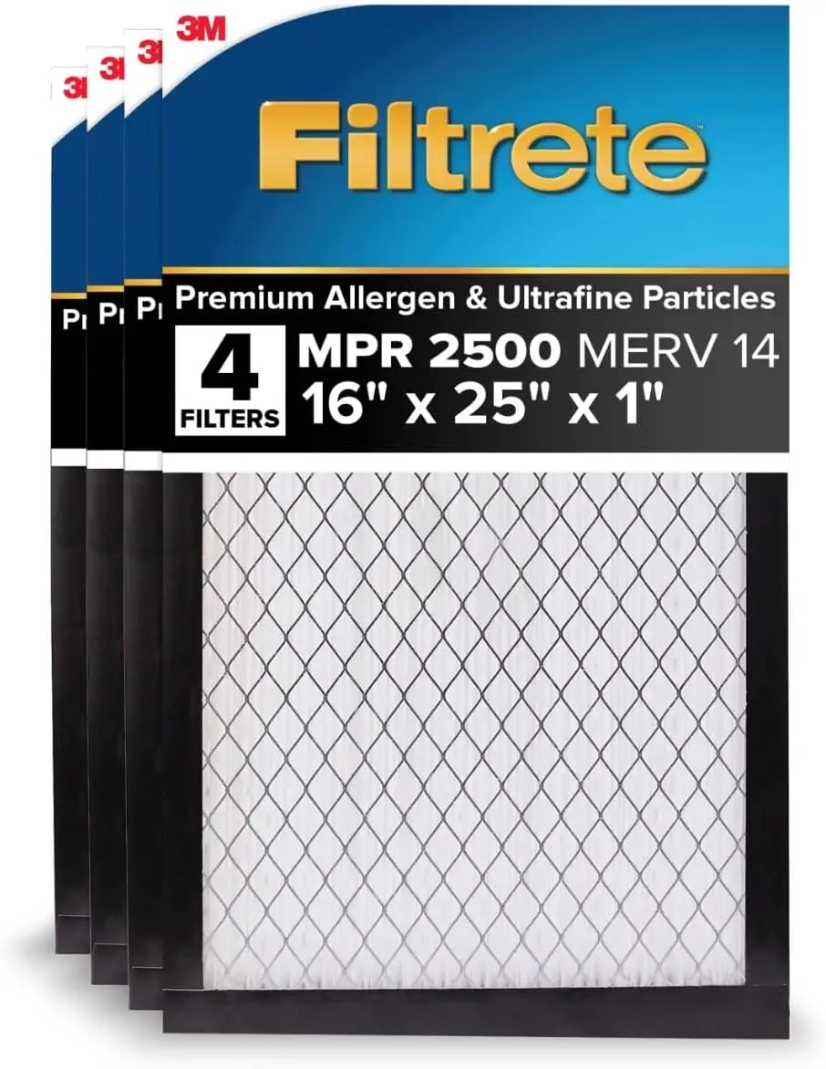 

16x25x1 AC Furnace Air Filter, MERV 14, MPR 2500, High Performance, Allergen, Bacteria & Virus Filter, 4-Pack