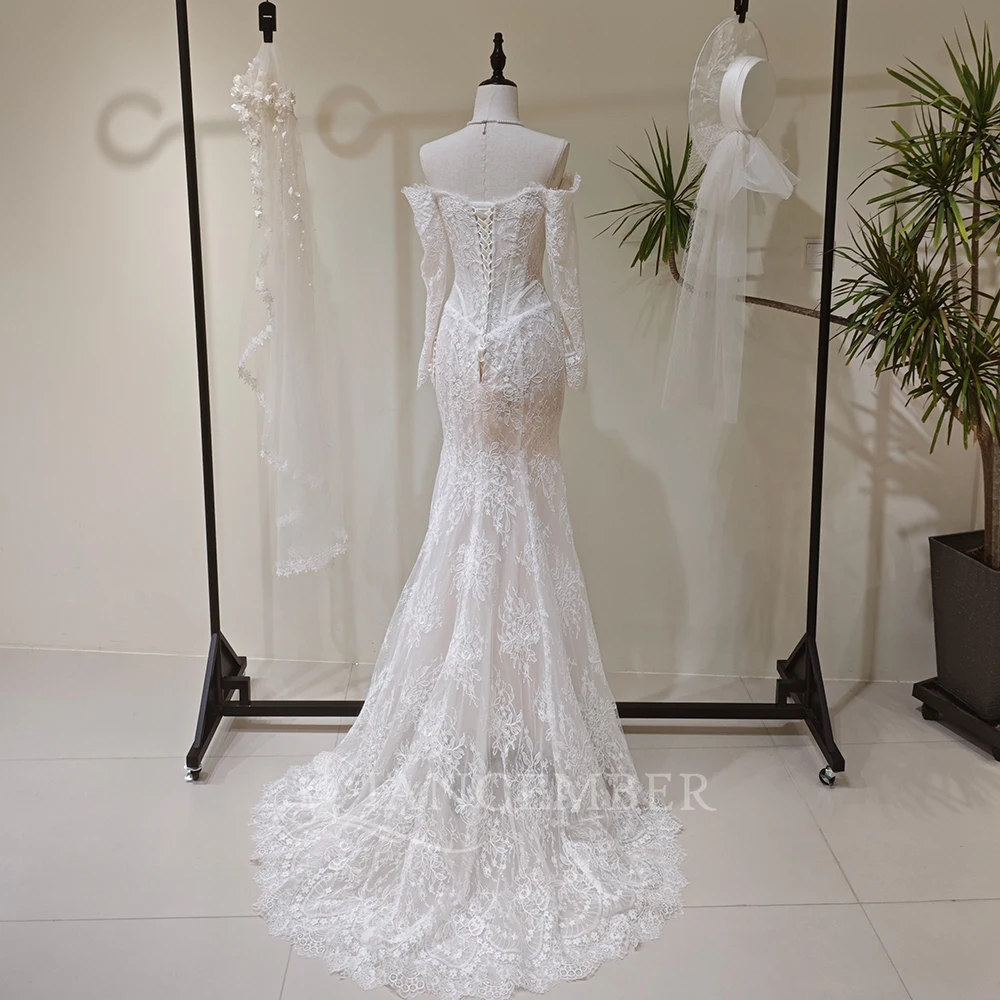 Graceful Wedding Dress Ivory Lace Mermaid Customized Off Shoulder Long Sleeve Appliques Embroidery Court Train robe de mariée