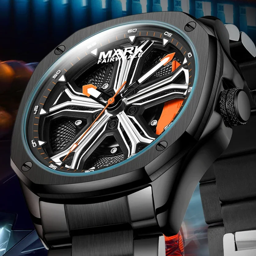 

Mark Fairwhale Men Watch 43MM Quartz Wristwatch Luminous Rotatable Car Wheel Dial